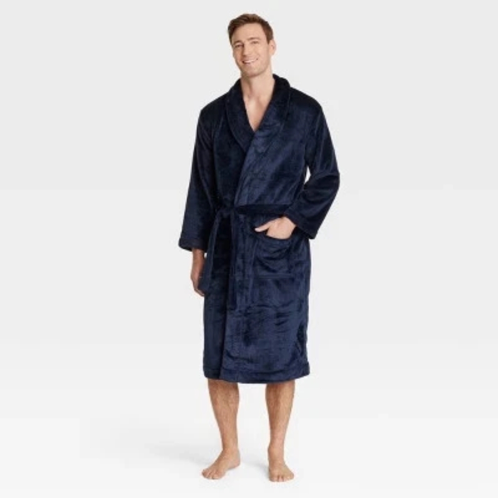 Men's Solid Plush Robe - Goodfellow & Co Navy Blue Plush Bathrobe L/XL